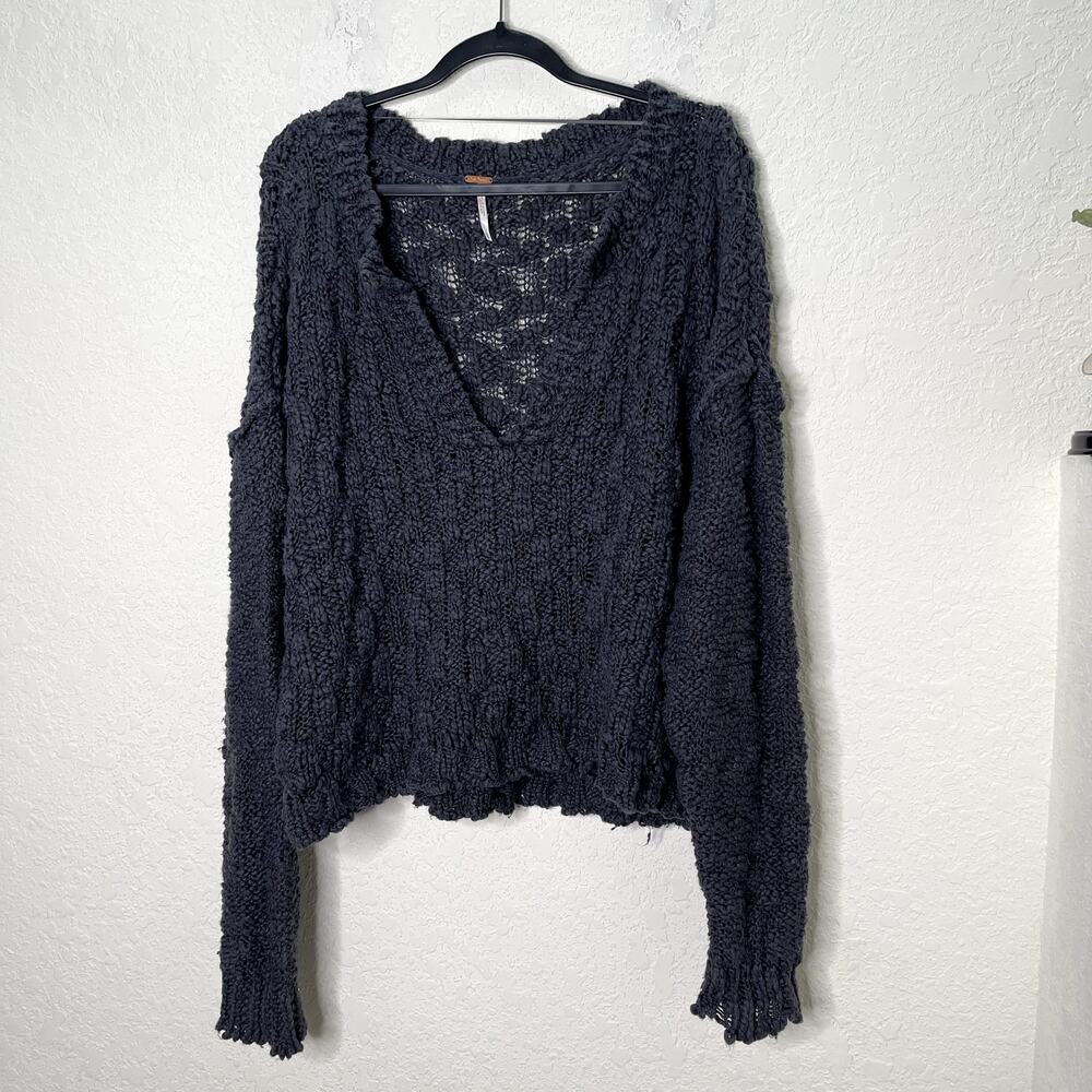 Free People Sweater Womens XL Gray Chunky Cable Knit V Neck Oversized Cotton